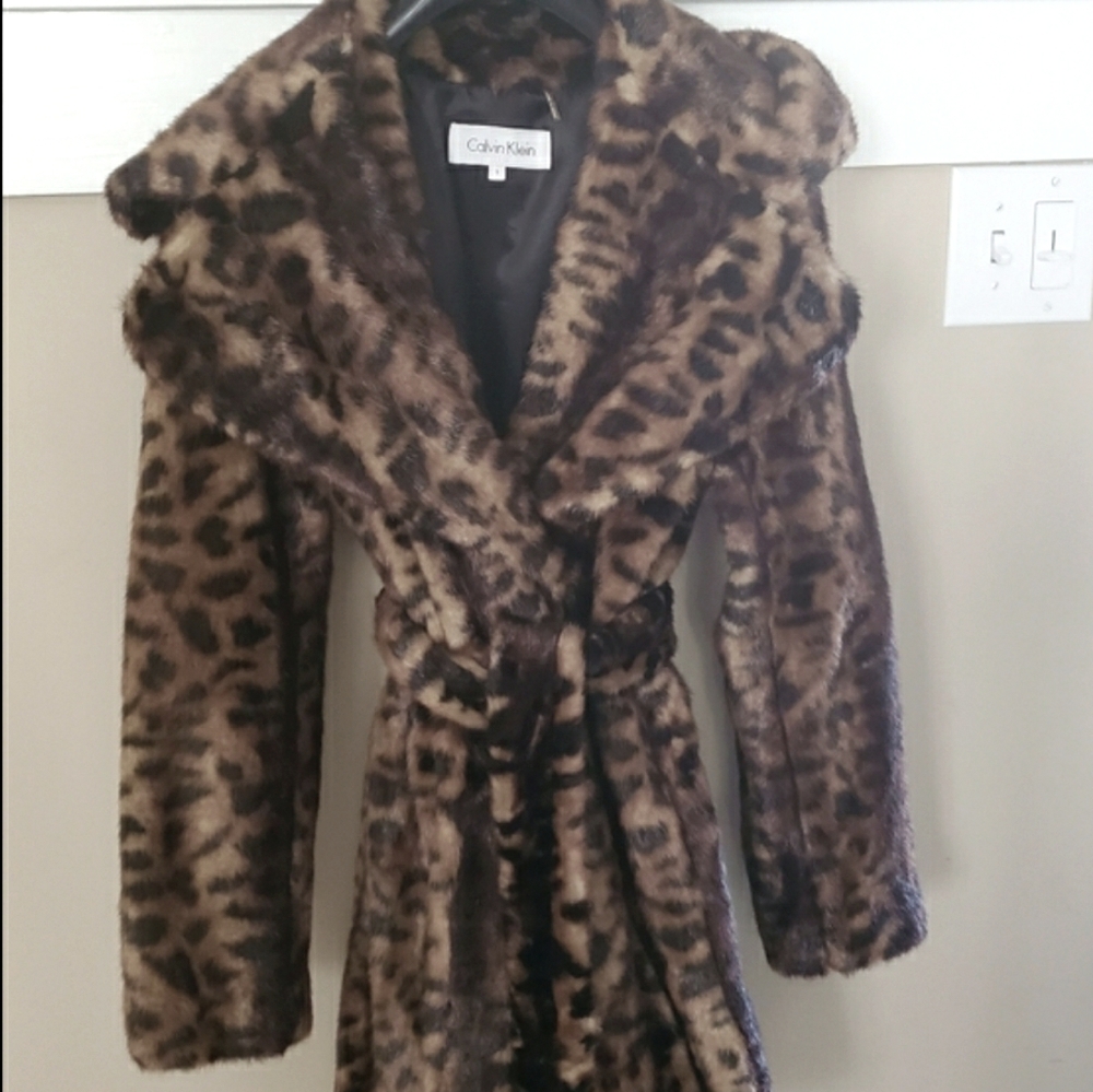 Calvin Klein Leopard-Print Faux Fur Belted Pea Coat - Brown